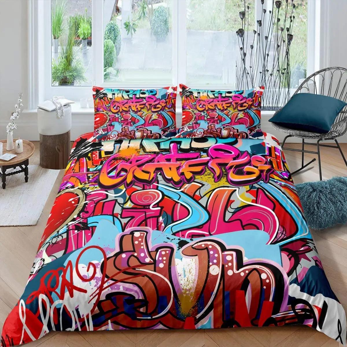 Housse de couette et taie d'oreiller Hip-Hop Graffiti 3D pour adolescents, Ensemble de literie Style artistique Décor de chambre, Cadeau pour garçons et filles 100x135cm red
