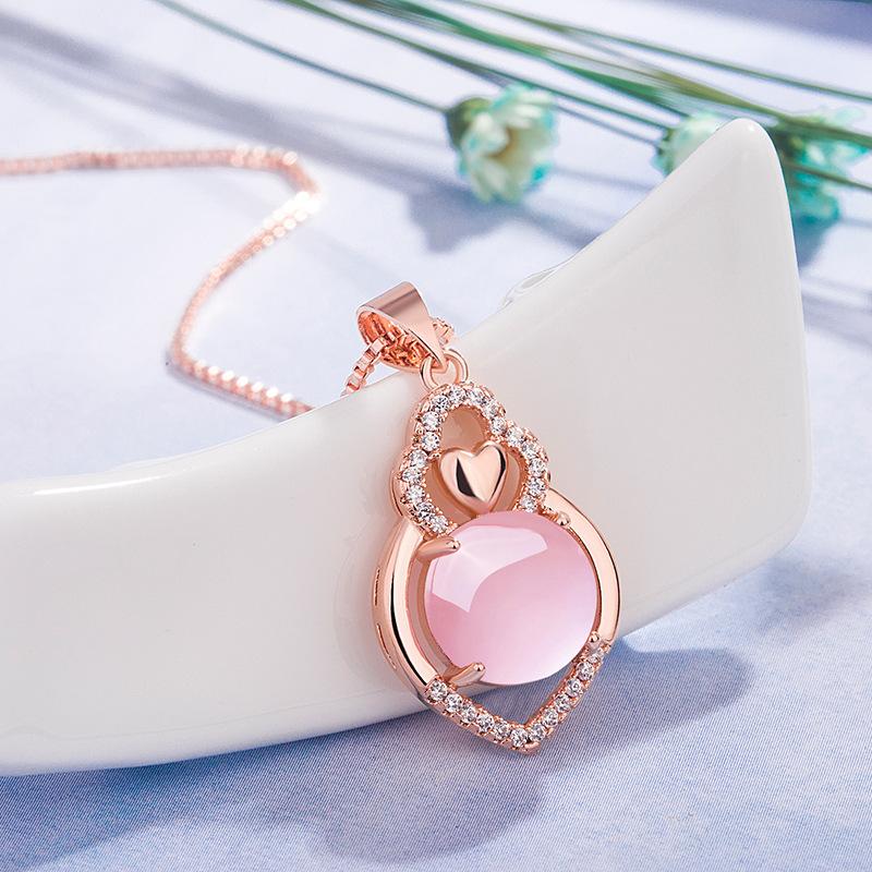 Trendy 925 Silver Jewelry Necklace Heart Shape Rose Quartz Zircon Gemstone Pendant for Women Wedding Promise Party Accessories
