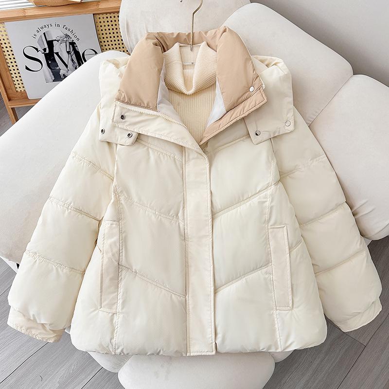 

Женская зимняя хлопковая куртка с капюшоном 2024 года в стиле колор-блок – Высокая мода, плотная и свободная посадка XXL грязно-белый