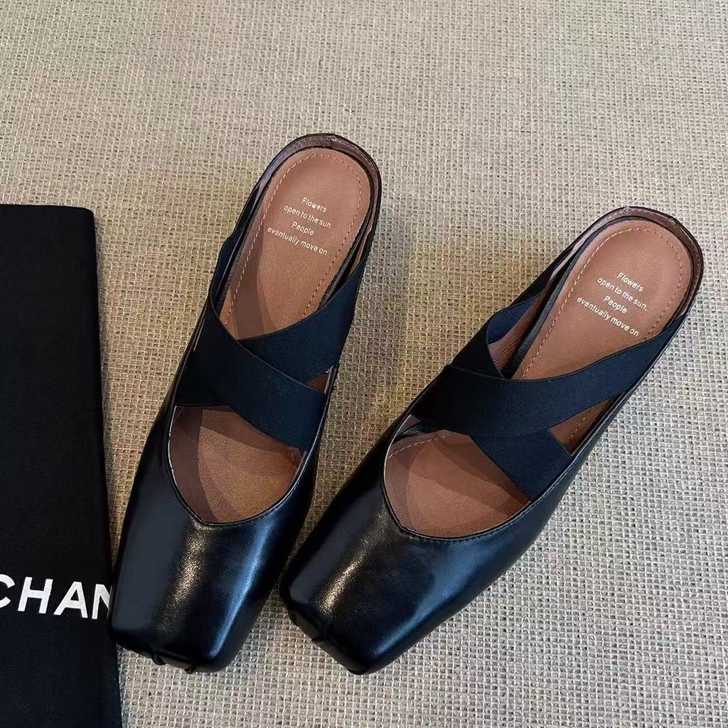 Sheepskin Version~ Retro Square Head Leather Ballet Shoes Versatile Bag Head Half Slippers Women's Outer Shoes
