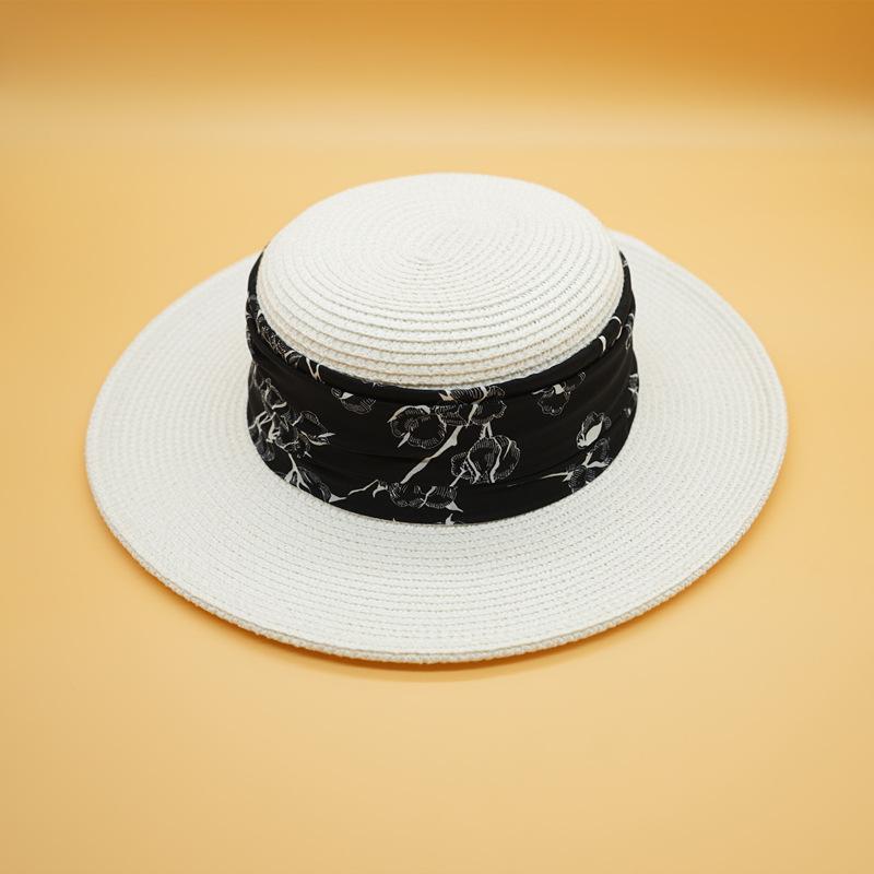 White Wide Brim French Retro Print Flat Top Top Top Hat Women'S Summer Vacation Panama Sunshade Beach Straw Hat