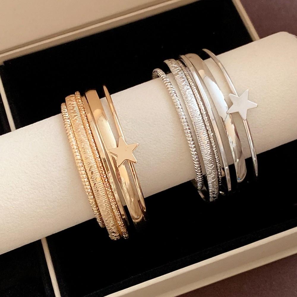 6Pcs/7Pcs Metal Star Pentagram Wide Open Bangle Set Exaggerated Bracelet Girls