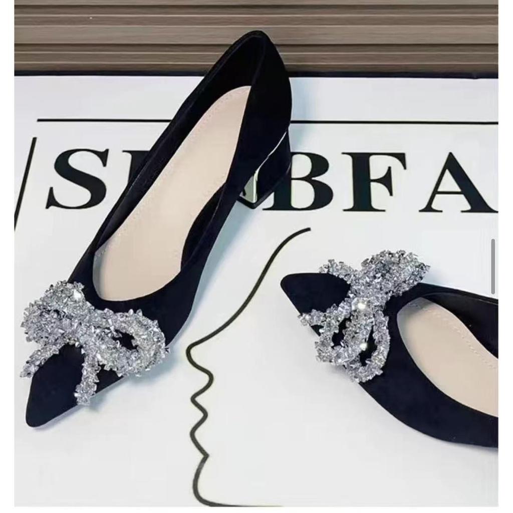 Pointed Black Thick Heel High Heels Women's New Spring and Summer Bow Temperament Professional French Suede Shoes