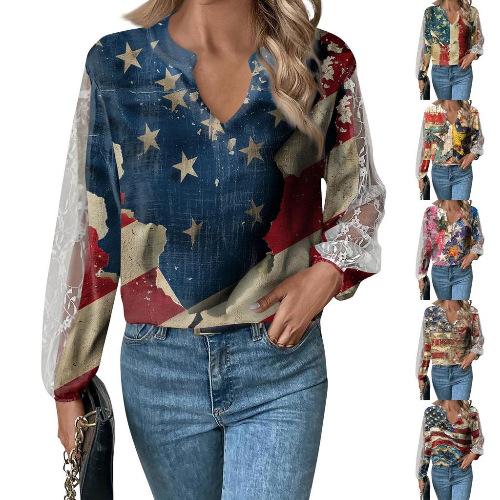 Length Sleeve Womens Tops Casual Loose Fit V-neck T Shirts Cute Print Lace Sleeve Tunic Tops