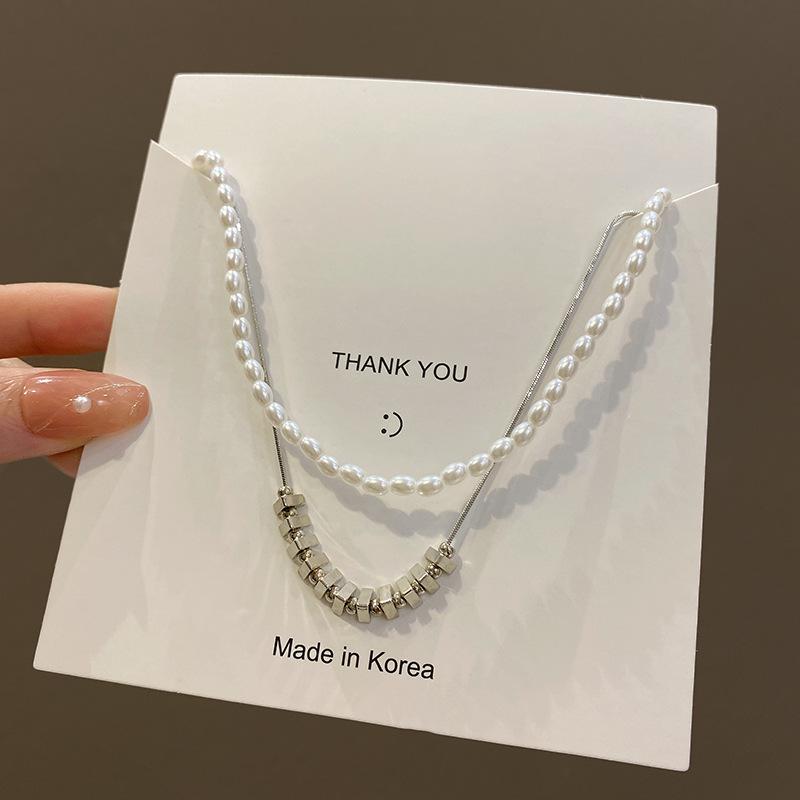 Европейский и американский холодный ветер двухслойное жемчужное ожерелье женское ретро дизайн геометрический квадратный кулон цепочка на ключицы аксессуары