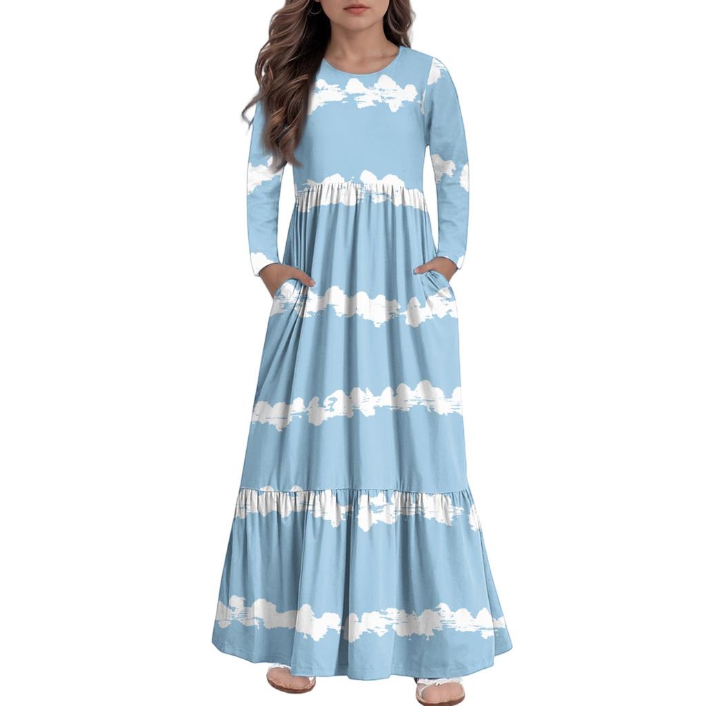 Maxikleid für Mädchen, lässige Urlaubskleider - Langarmkleid mit Taschen für 4-14J