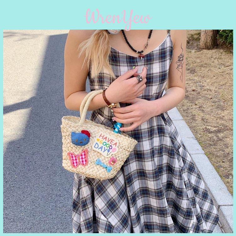 Cute Earphones Cat Stars Kitty Cat Decoration Women Casual Straw Woven Handbag For Beach Vacation Ladies