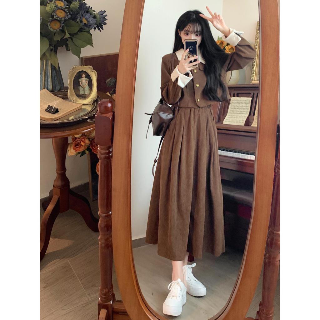Large size French high-end small fragrant skirt women's early autumn new fat mm thin belly cover with a whole set