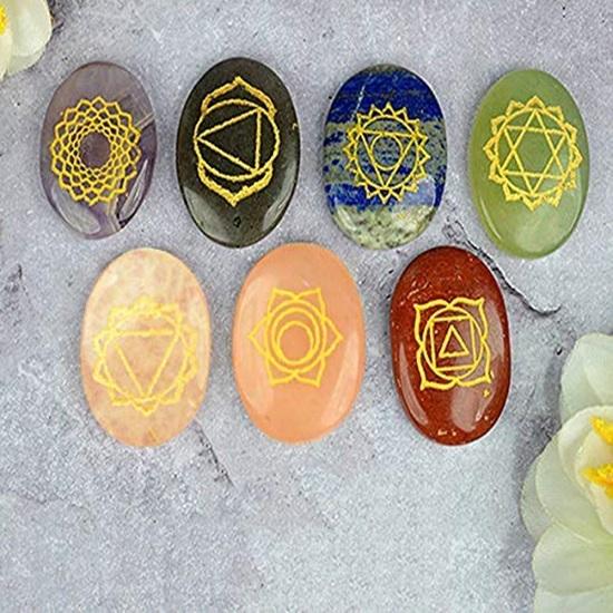 Set of 7 Pcs 7 Chakra Symbol Engraved Set Healing Gemstone for Reiki Healing Crystal Healing