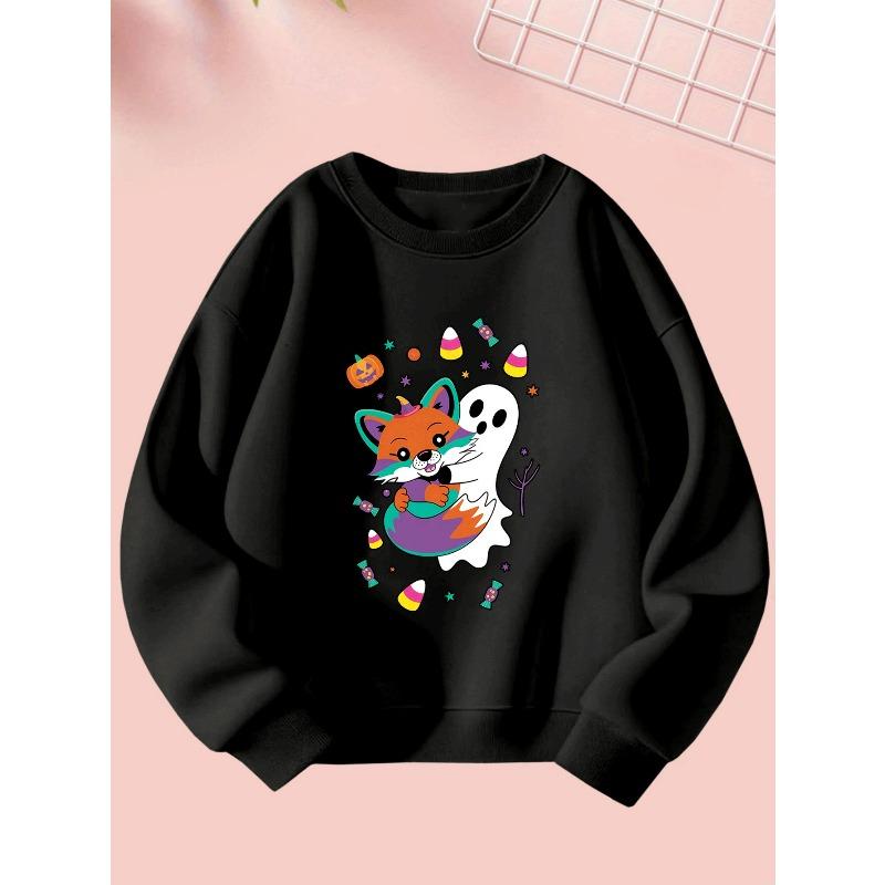 Cute Halloween Girl Creative Ghost Holding A Little Fox Print Sweatshirt - Comfortable Long-Sleeve Round Neck for Autumn and Winter