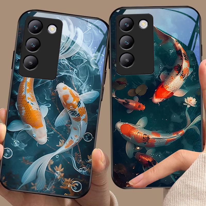 Chinese Wind Fish For Y72 33S 11 03 36 96 Lite 35 16 Iqoo 12 V40 SE 5G 29 40 21 30 X80 Pro Vivo Tempered Glass Phone Case Black