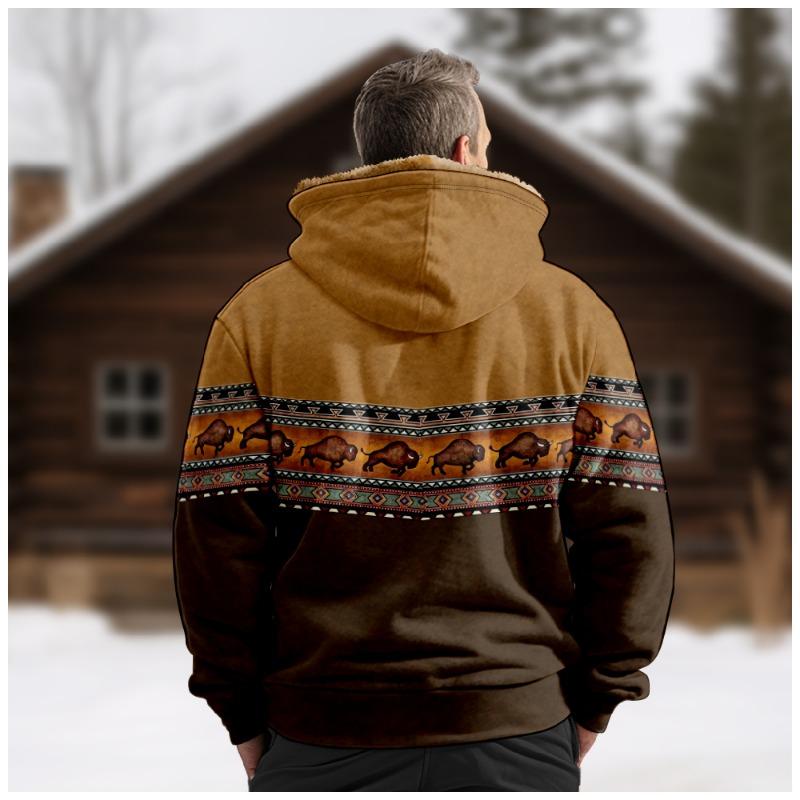 Autumn Winter Men's Vintage Jackets Bison Print Design Jacket Casual Long Sleeve Coats Male Versatile Hooded Sweatshirts