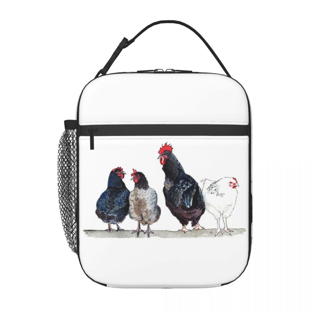 Schwarz-Weiß Hühnermuster Isolierte Lunchtasche für Damen Kinder Tragbar Lebensmittelboxen Thermische Lunchbox Tragetasche