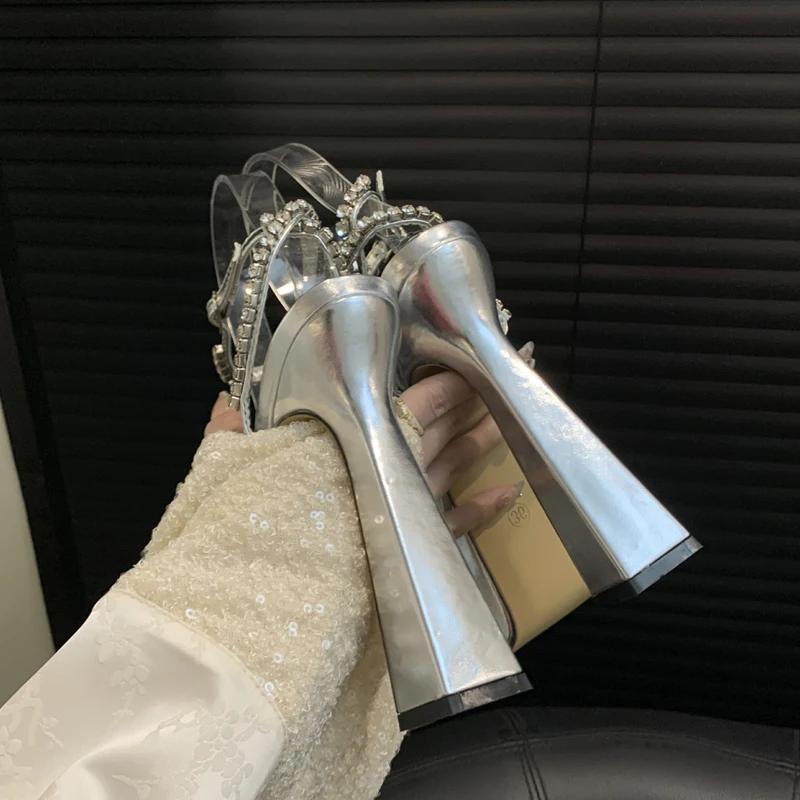 Eilyken Gold Silver Square Toe Women Sandals Street Style Buckle Strap Platform Ultra High Heels Banquet Party Ladies Shoes