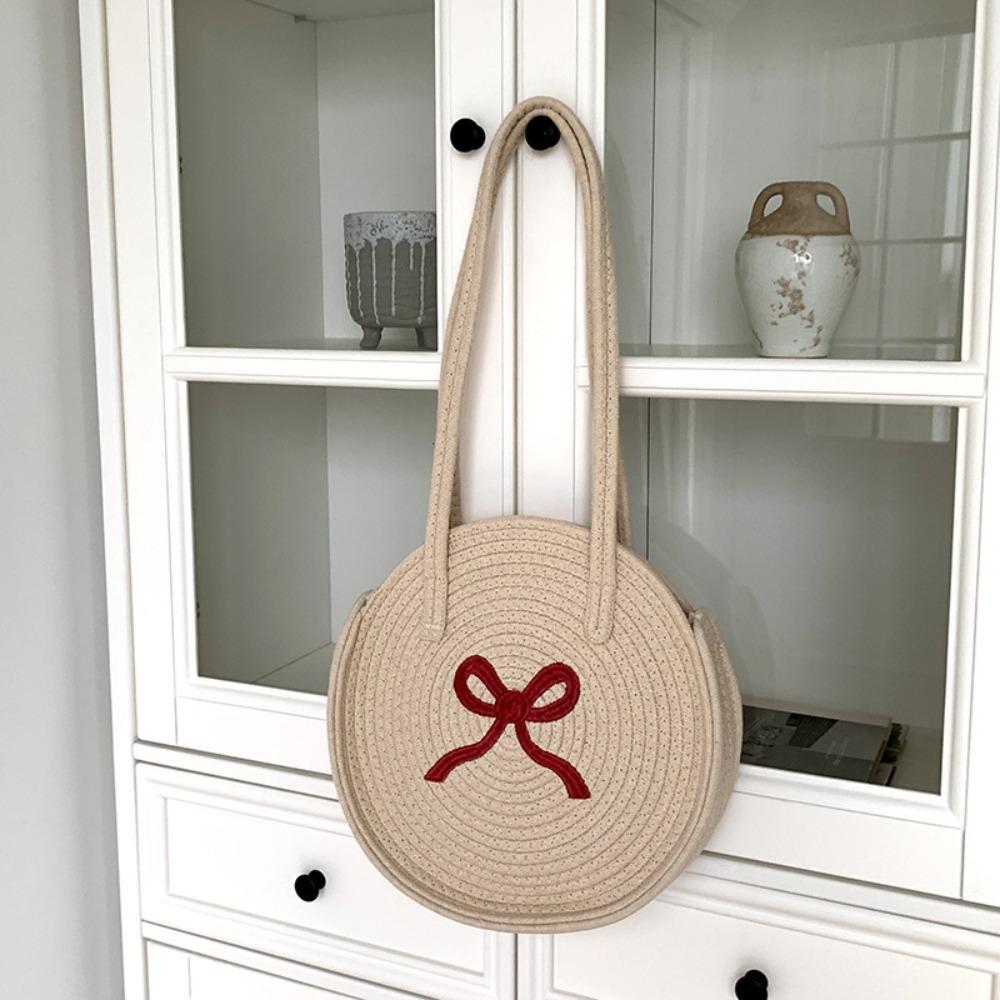 

Embroidery Embroidered Bow Shoulder Bag Bohemian Weave Beach Bag Portable Round Straw Bag Summer Style 4