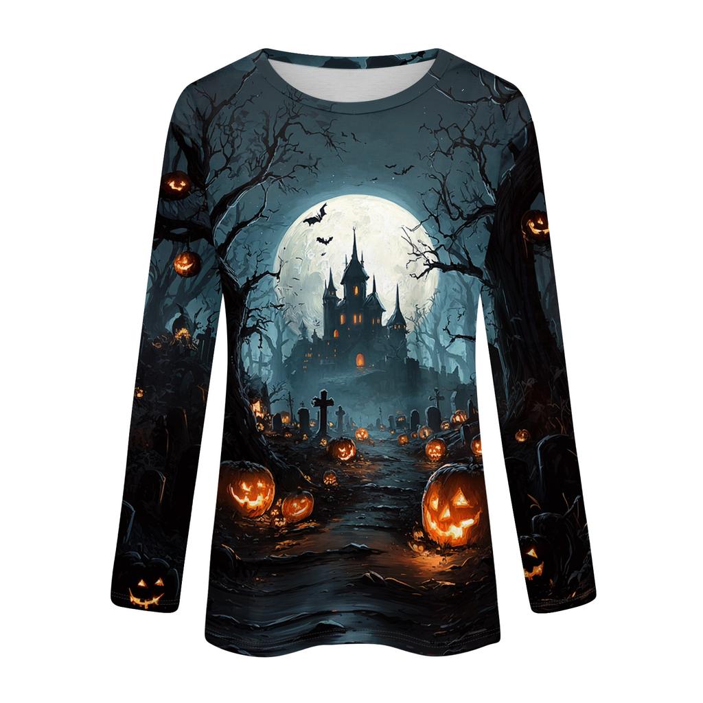Women's Halloween Printed Crewneck Long Sleeve Pullover Sweatshirt Casual Fit Lightweight Top for Seasonal Wear