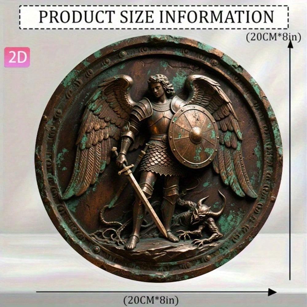 Vintage St Michael Archangel Metal Sign Bronze Aluminum Wall Art