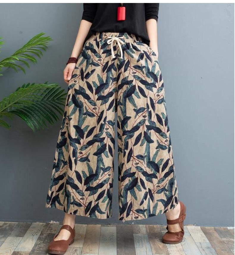 Women's High Waist Drawstring Ramie Wide Leg Culottes Loose Plus Size Nine Length Printed Linen Skort Vintage Floral Palazzo Pants