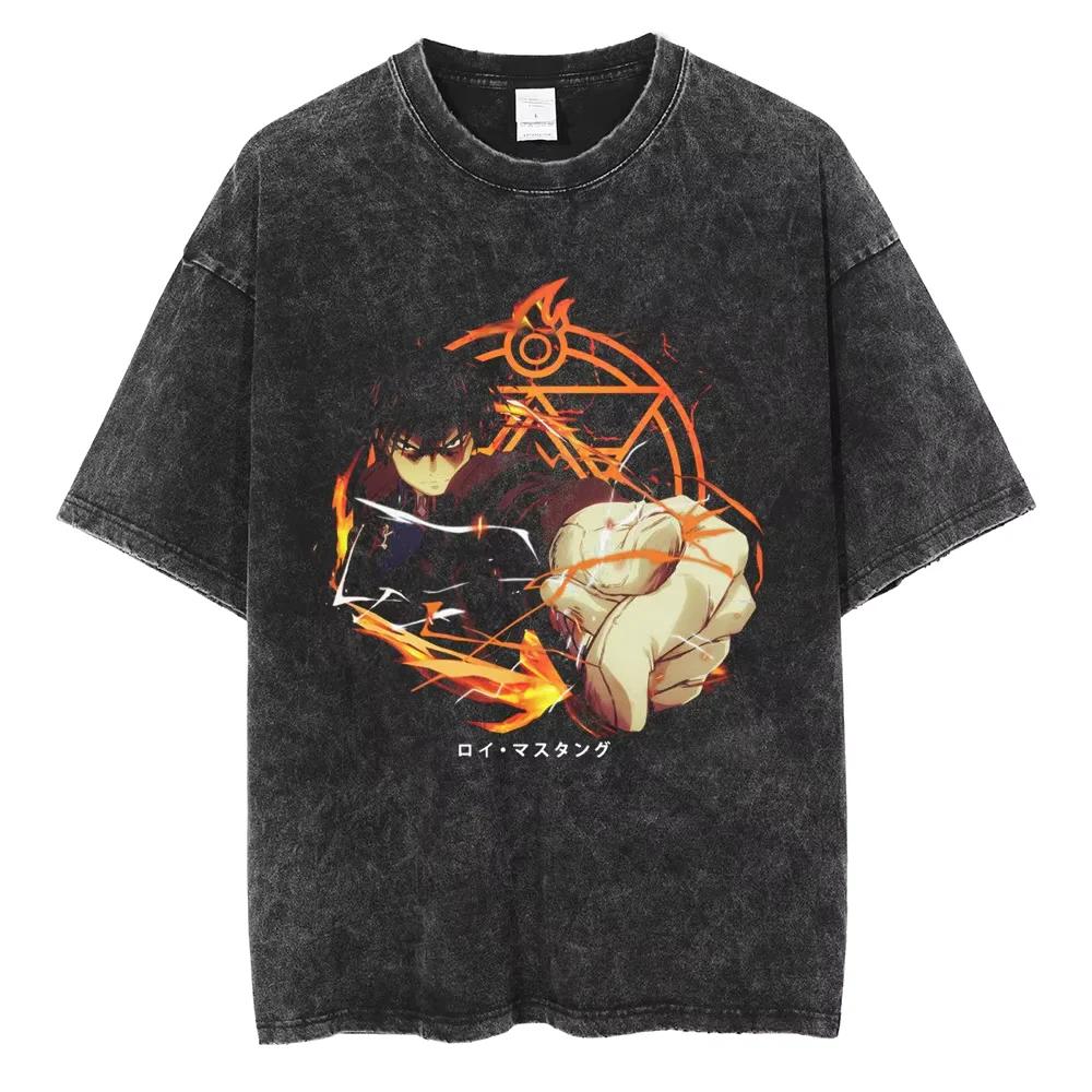 Anime Hellsing Alucard Graphic Washed T Shirt Men Vintage Manga T-shirts Street Cotton Tshirt Harajuku Male Casual Tops