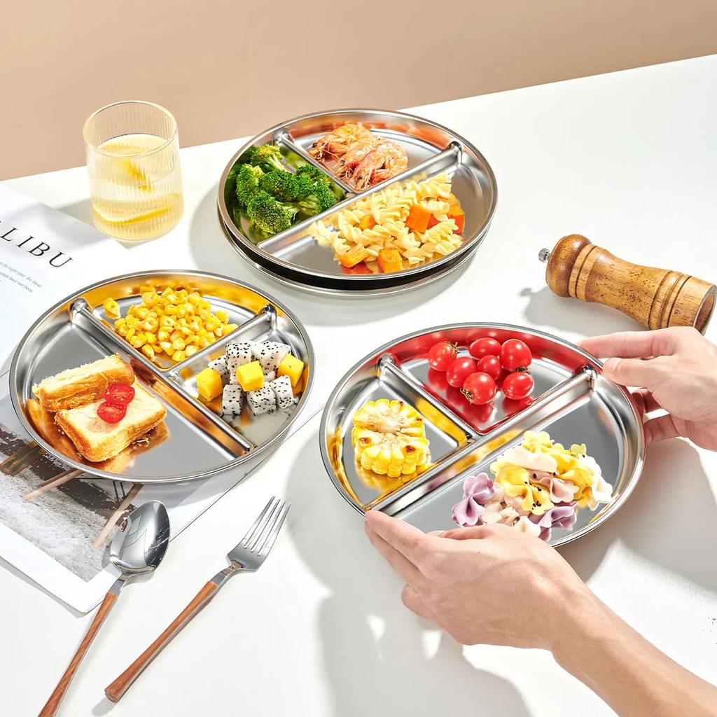 WORTHBUY Round Dinner Plate With Compartments 304 Stainless Steel Divided Dinner Dish Fruit Salad Food Plates Kitchen Tableware
