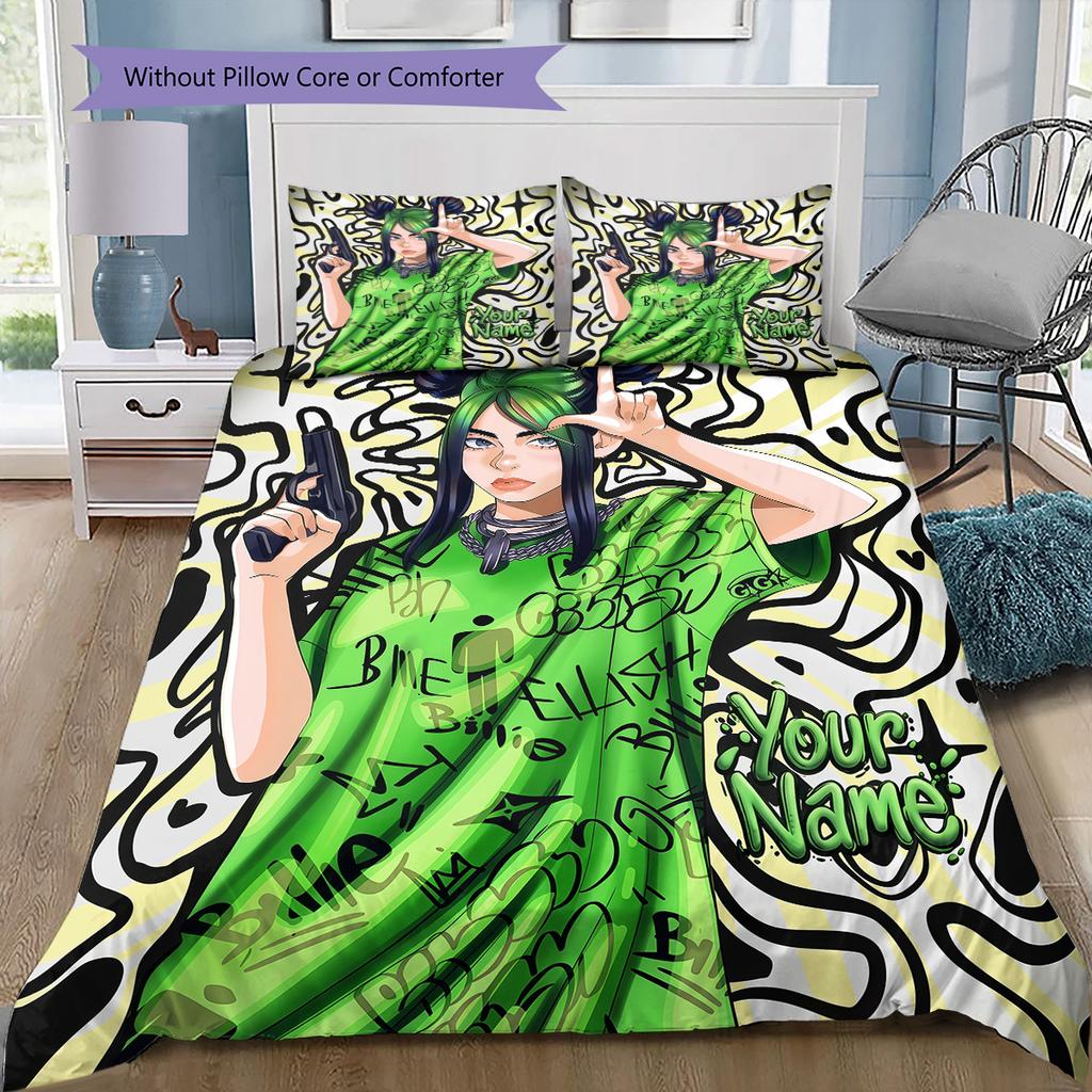 Custom Name Billie Eilish Bedding,Quilt Set Quilt Cover Pillowcase Home Birthday Gift(1 * Duvet Cover + 2 * Pillowcase, Without Core) -HE34
