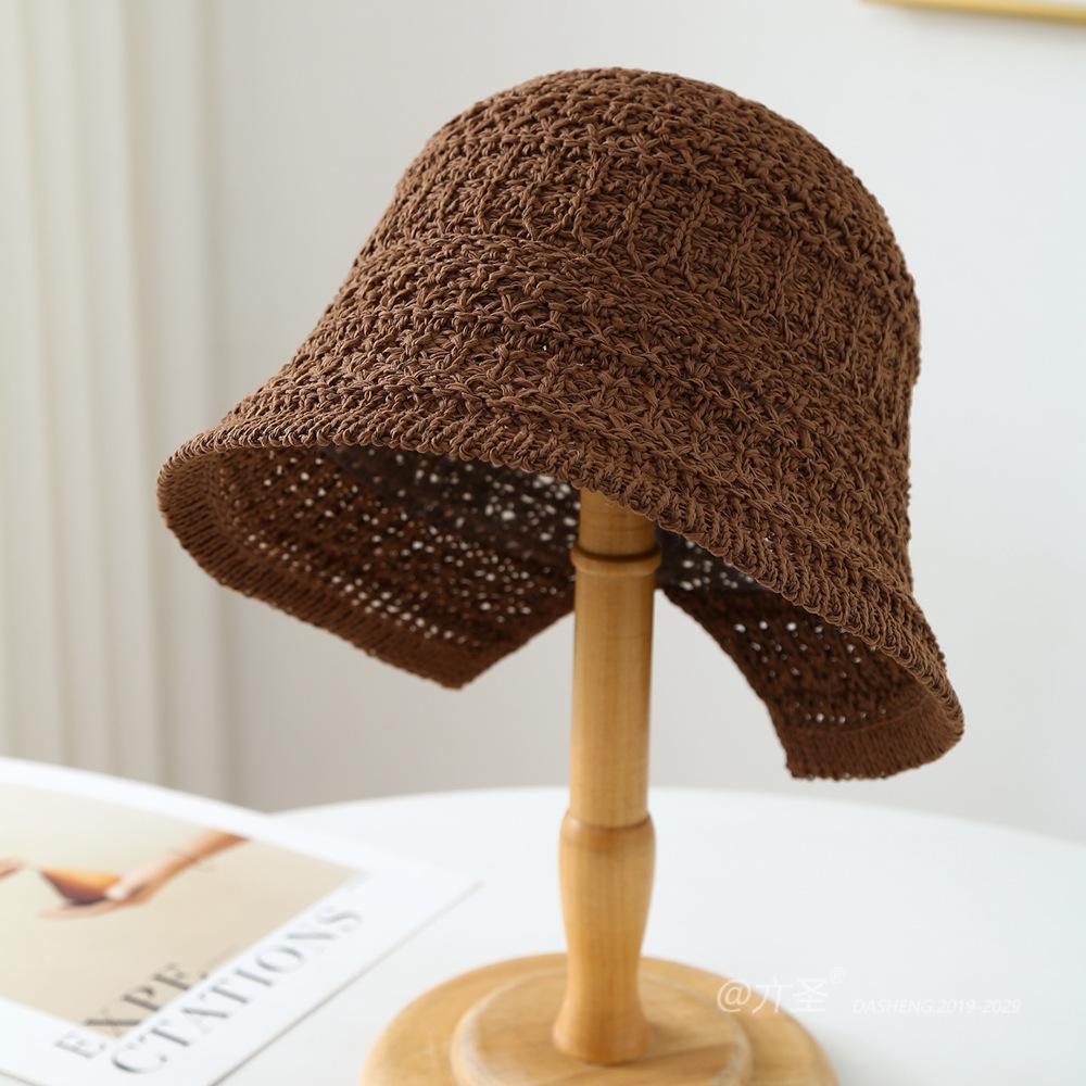 

Women s Hollowed-Out Breathable Bucket Hat with Rolled Brim Solid Color Spring-Summer Face-Slimming Fisherman Hat 56-58cm коричневый