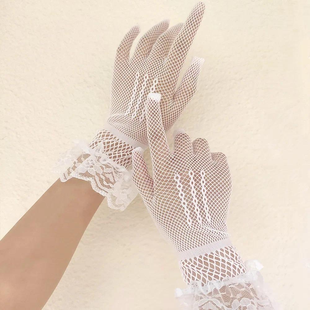 Damen Gothic Lolita Spitze Ausgeschnittene Handschuhe, Sexy Netz Dünn Elastisch Etikette Fäustlinge für Mädchen, Schwarz Weiß Punk Stil