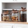 Home Kitchen Transparent Glass Sealed Jar With Spoon Leaf Wooden Lid Coffee Bean Moisture Proof Spice Storage Container