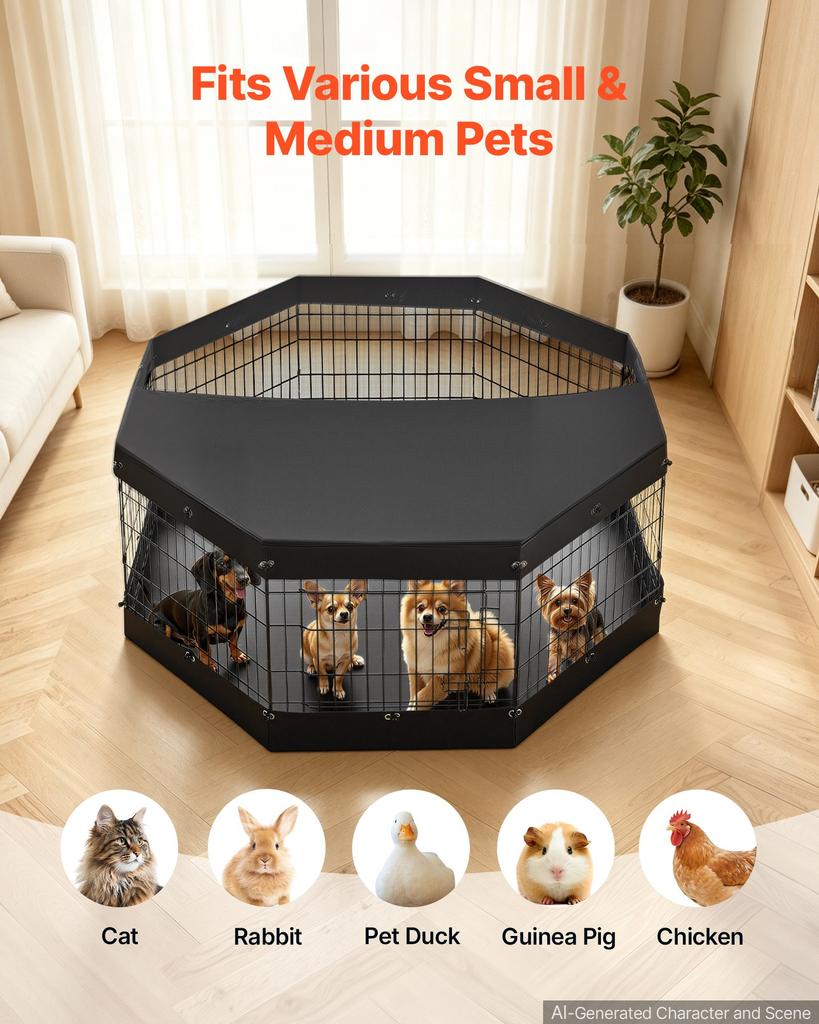 VEVOR Dog Playpen 61 Cm 8 Panels Exercise Pen with Top Cover & Bottom Pad, Indoor Foldable Metal Pet Fence with Door
