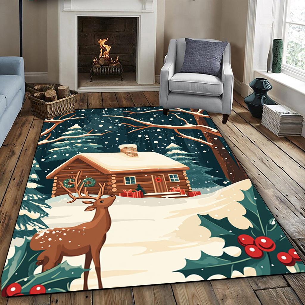 Christmas Igloo and Reindeer Area Mat - Washable Polyester, Lightweight, Suitable for Living Room, Kitchen, Dining Room, Office