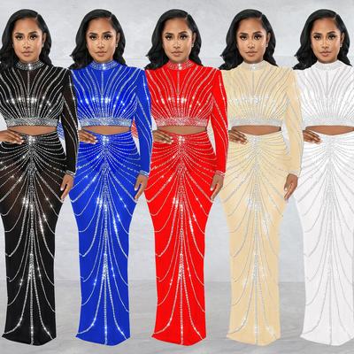 European & American Fashion Mesh Hot Drilling See-through Long Sleeve Long Dress Two-piece Set for Women