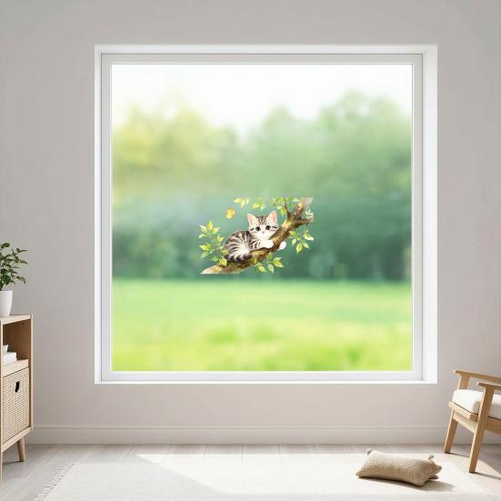 Yousheng Cartoon Cat On The Tree Branch Window Cling, Cute Watercolor Cat Butterflies Plants Window Sticker for Kids Room Bathroom Living Room