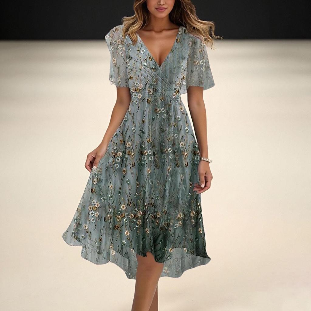 Damen Sommer Locker V-Ausschnitt Kurzarmkleid, Elegantes Kleid