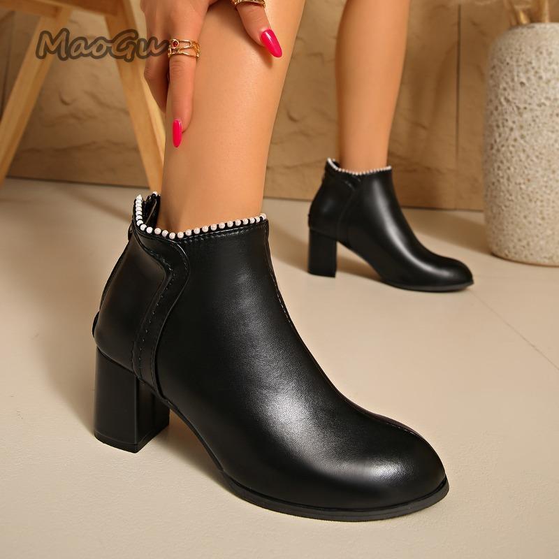 Fashion New 2025 Autumn Women's Ankle Boots PU Black Beige Chunky Heel Round Toe Short Boots Elegant Botines Mujer Comfortable Size35-42 cm beige