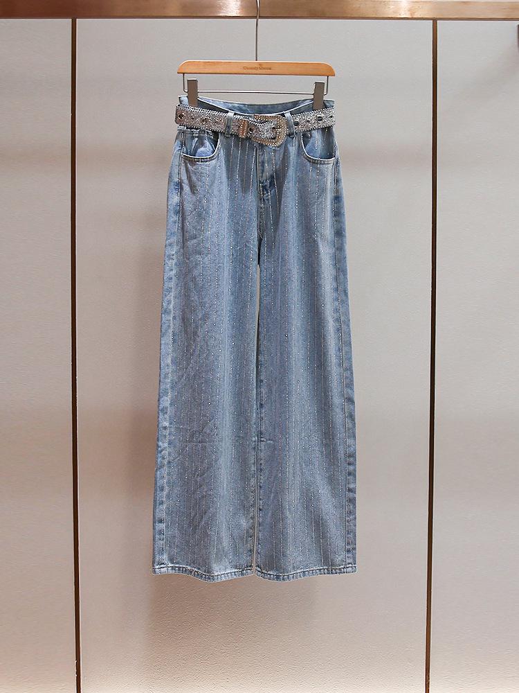 Autumn Versatile High-Waisted Rhinestone Belt A-Line Wide-Leg Jeans Medium