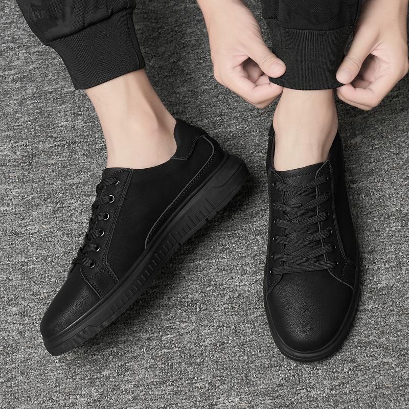 Frosted cowhide casual shoes men's spring and autumn leather business board shoes men's large size lace-up thick-soled black leather shoes men