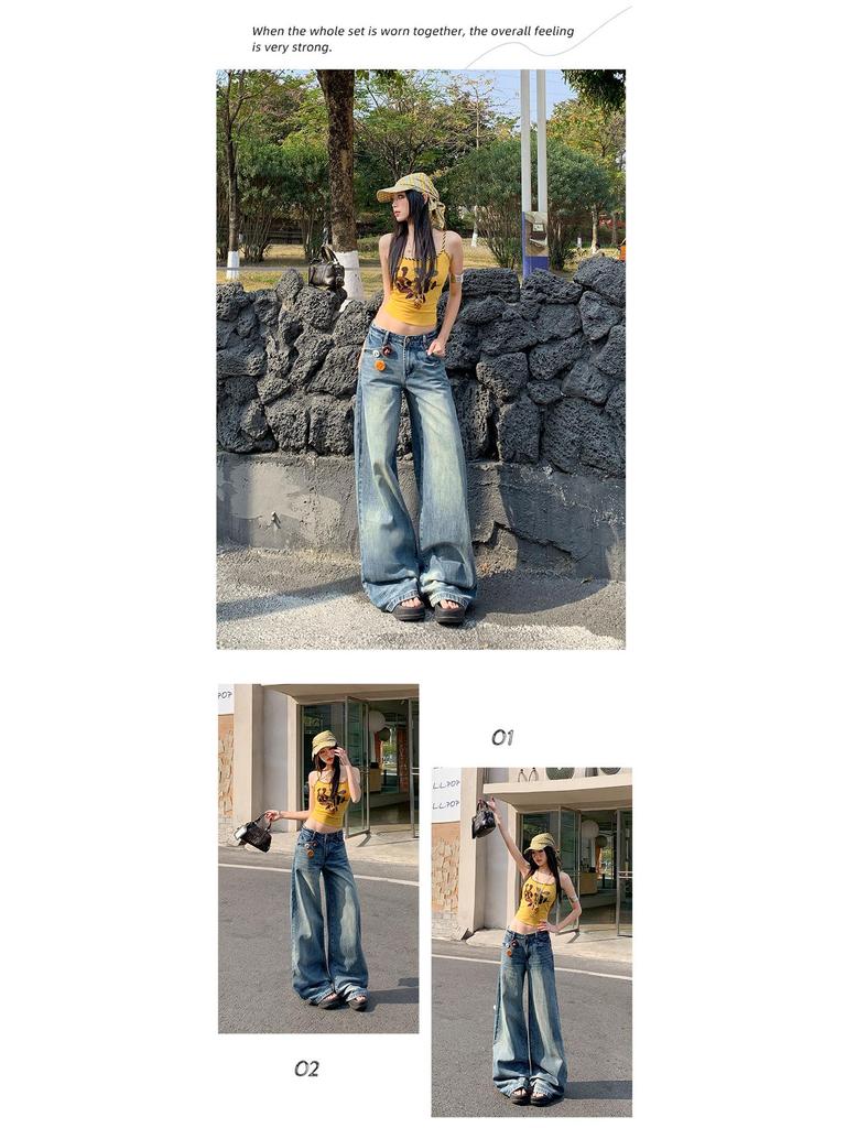 Women's Retro Washed Wide-Leg High-Waisted Slimming Floor-Length Spring Jeans