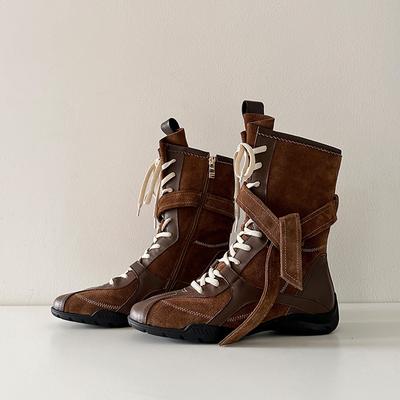 Version cuir de vache~ design de niche bout rond cuir bouche profonde décontracté classique bottes western Maillard bottes de boxe moyennes