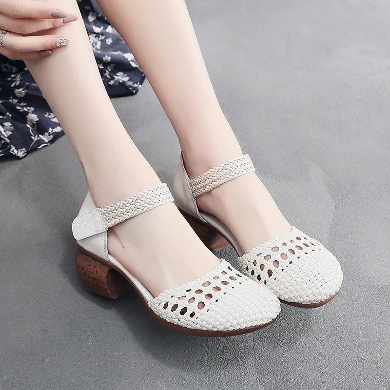 Ethnic Style Women's Shoes 2025 New Summer Baotou Breathable Women's Sandals Thick Heel Fashionable Hollow Hole Shoes