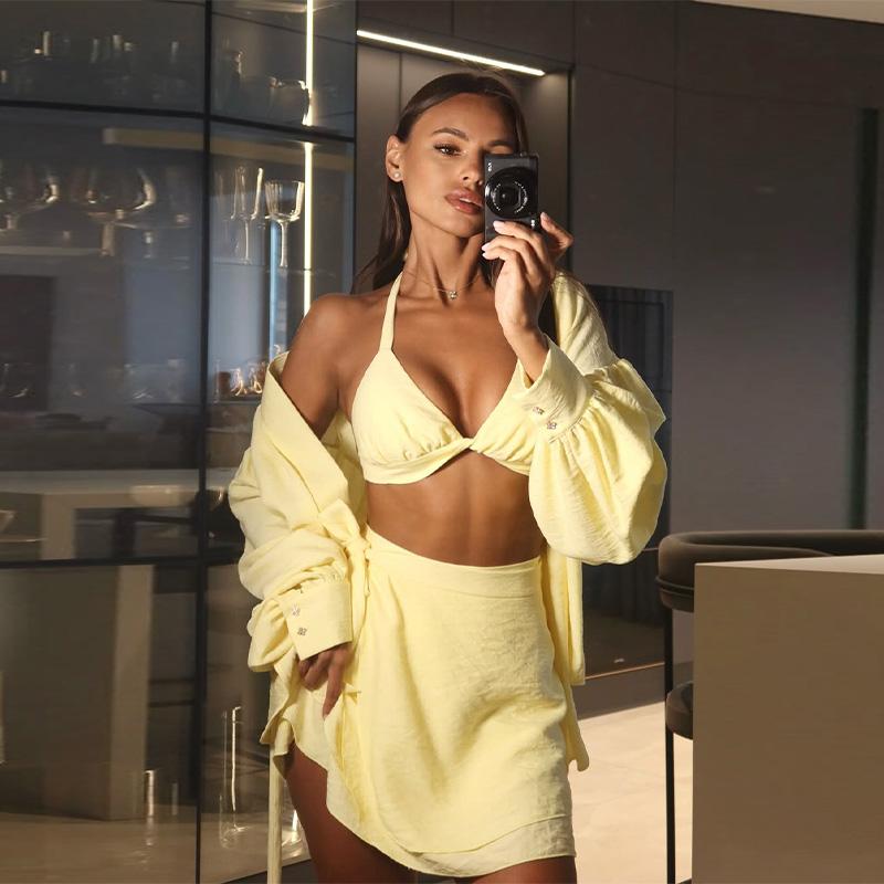 Ladies' Lantern Sleeve Loose Shirt Half Skirt Set Yellow Casual Set Spring Summer New Outfit Ladies' Plus Size Set Daily Commuting Style