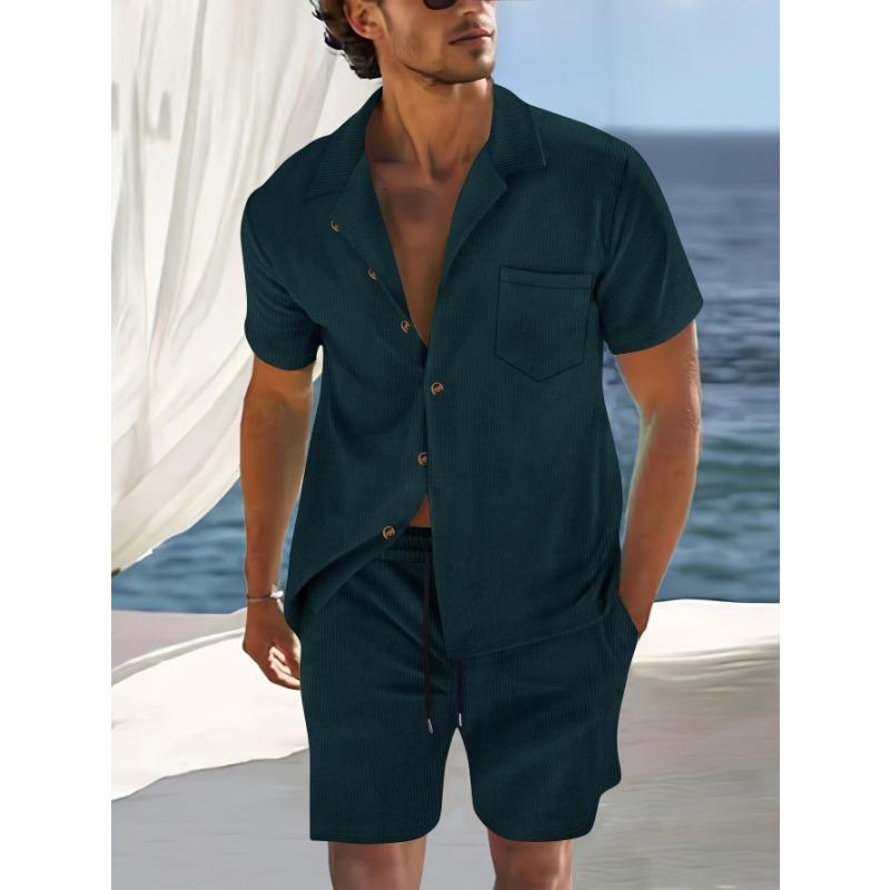 Men S Summer Thin Short Sleeve Cuban Collar Shirt And Shorts Casual Two Piece Set