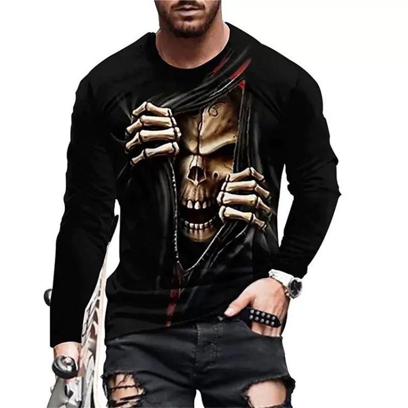 Long Sleeve T-Shirts Skull 3D Printed Streetwear Men's Round-Neck Horror Halloween Man Tops Loose Gothic Round-Neck Tees T Shirt