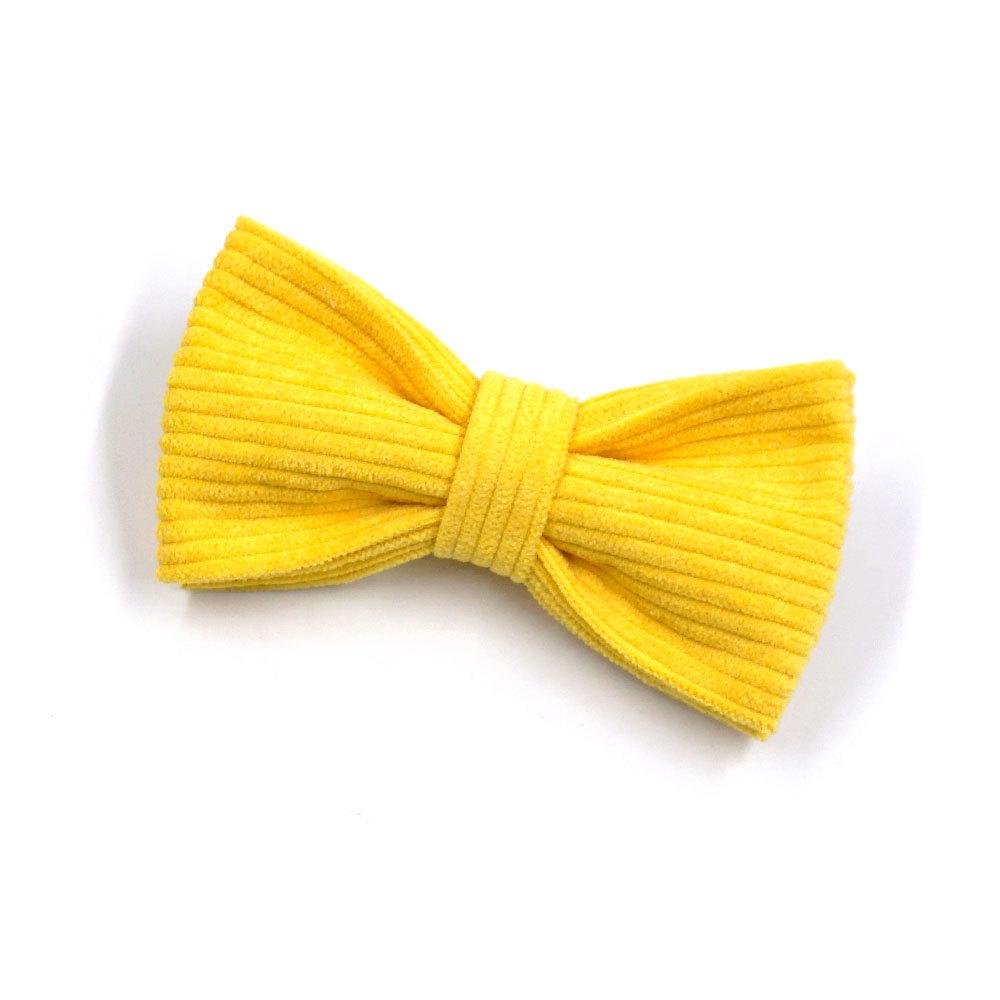 Miha Boss Yellow Corduroy Pet Set: Collar, Leash, Bow Tie, Harness, Poop Bag with Gold Buckle.