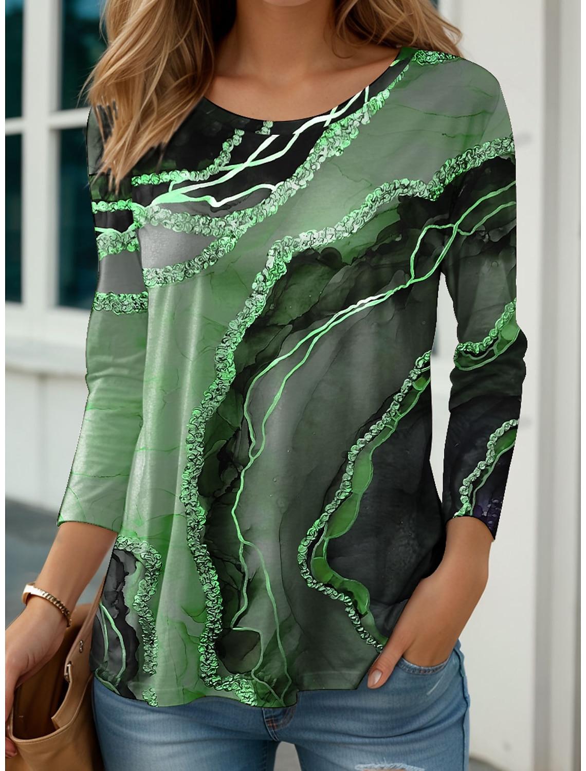 

2024 Женская футболка Футболки Топы Графический абстрактный принт Длинный рукав Повседневная мода Выходные круглый вырез Классический крой Весна и лето 8XL