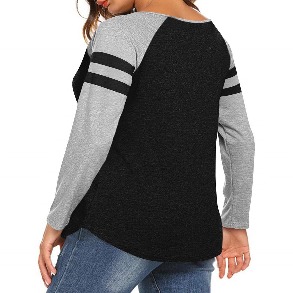 Women's Casual Fashion Striped Long-sleeved T-shirt V-neck Color-blocked Top