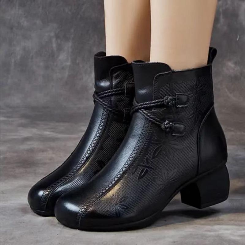 Nationale Wind Korte Laarzen Herfst/winter Nieuwe Bedrukte Moederschoenen Vintage Mode Ronde Neus Dikke Hak Katoenen Laarzen
