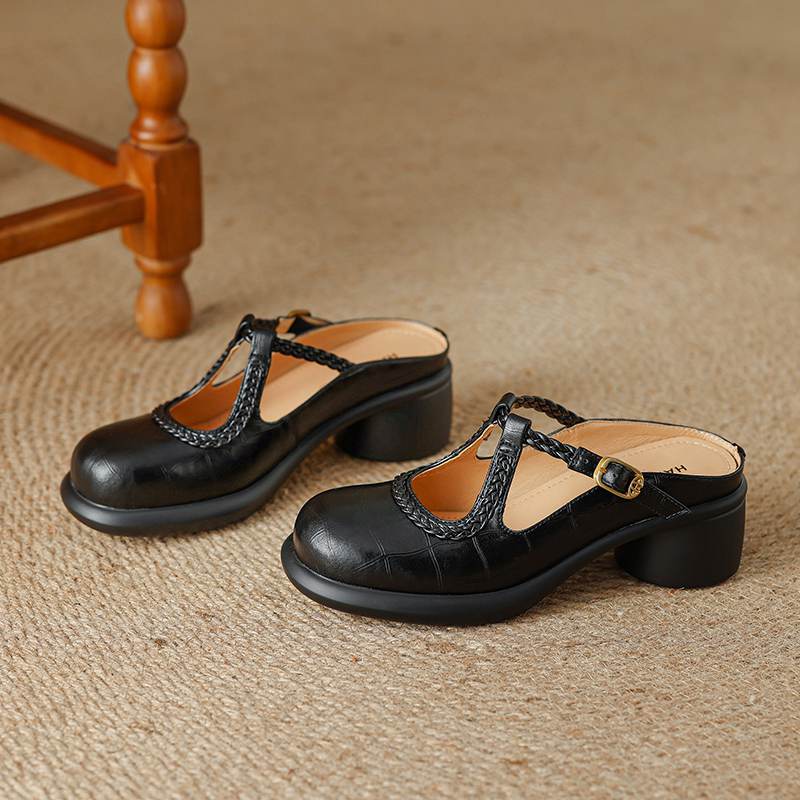 Krazing Pot Cow Skin Round Toe Size 42 Thick Round Med Heels Slip on Platform Mules Gladiator Autumn Pumps