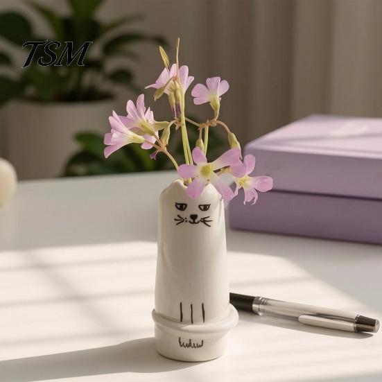 Cute Floral Arrangement Pot Creative Cat Shaped Flower Vase, Minimalist Cartoon Kitten Tabletop Planter for Dried Healing Theme Ornament Fresh