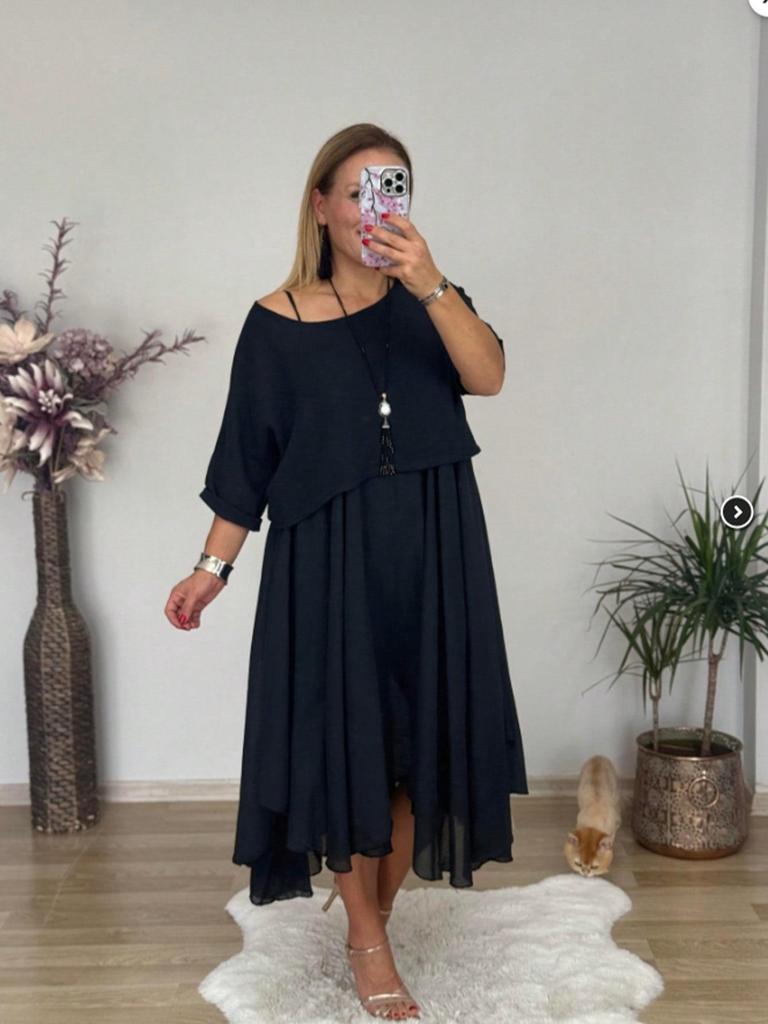 2025 Elegant Plus Size Two-Piece Summer Dress - Slimming, Tummy Concealing Solid Color Skirt