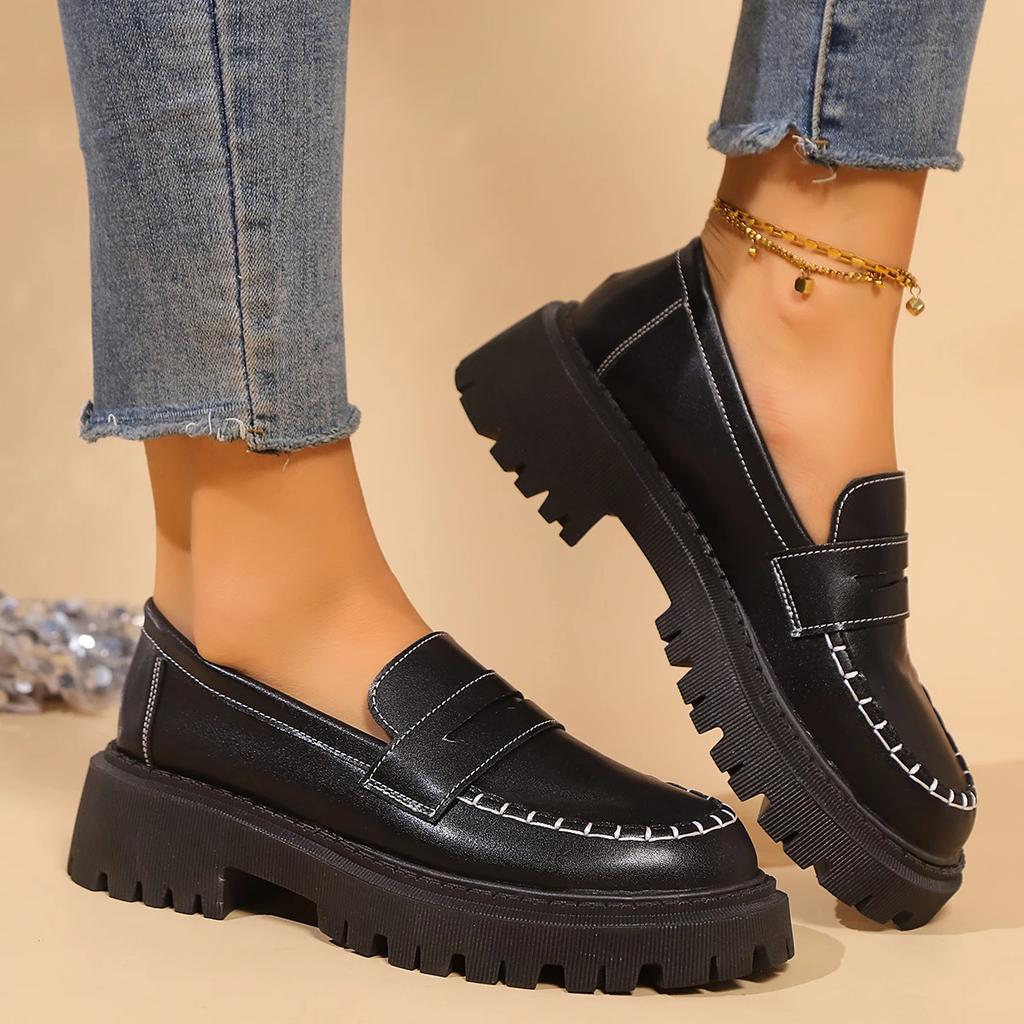 Fashion Women's Solid Color Platform Loafers Fashion Preppy Style Pu Leather Dress Shoes Woman Plus Size Comfortable Slip On Work Shoes